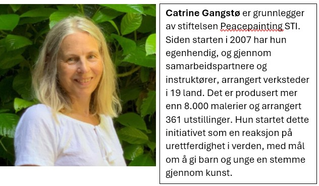 Foredrag ved Catrine Gangstø på Falstadsenteret,  torsdag 12. juni  kl 19:00 – 20:00 «Peacepainting – Bruk av kunst for å fremme fred og likeverd»